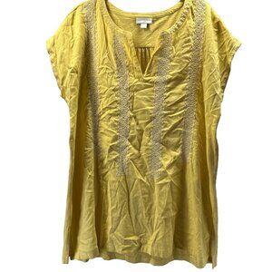 J Jill Women's Top Large Yellow White Embroidered Cap Sleeve‎ Tunic Cotton Blend